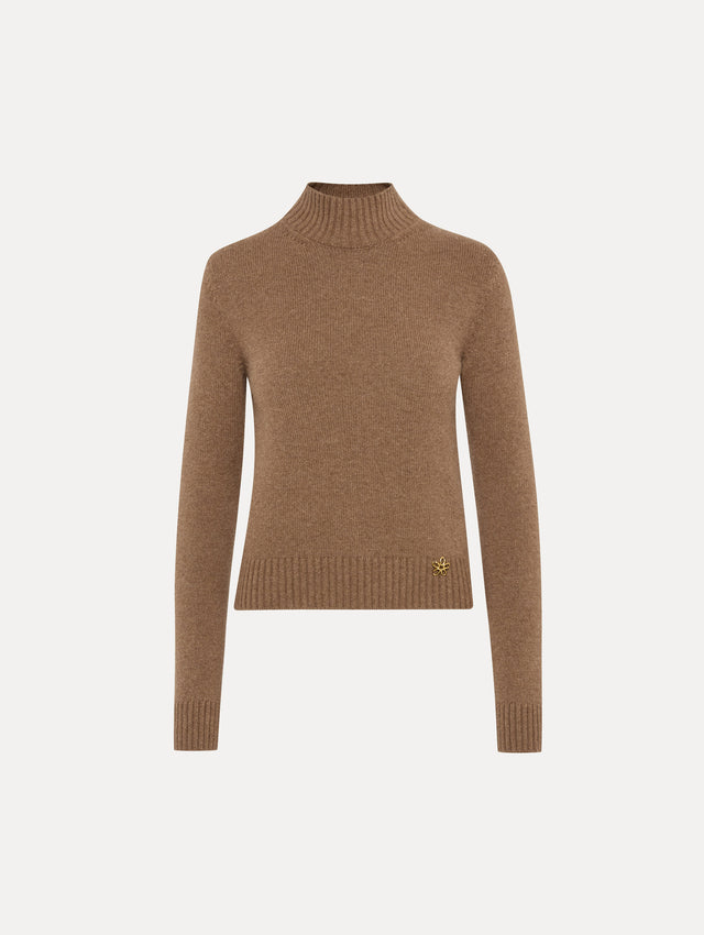 Light Brown Mock Neck Cashmere Pullover with Gold O Flower Detail in the Bottom Right Front View