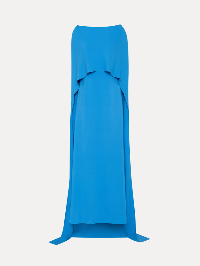 Blue Cowl Back Silk Georgette Caftan with Draping in the Top Front View