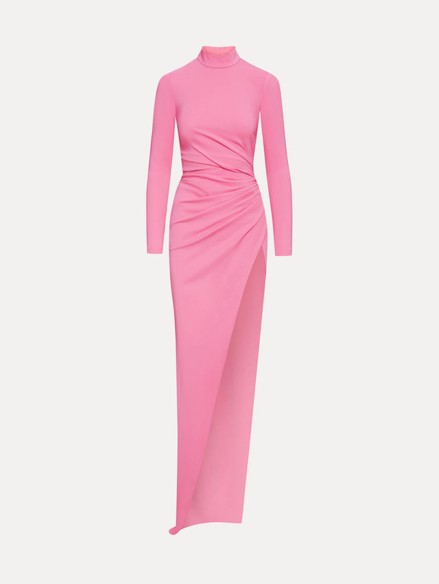 Pink Mock Neck Draped Front Cady Long Sleeve Gown Front View
