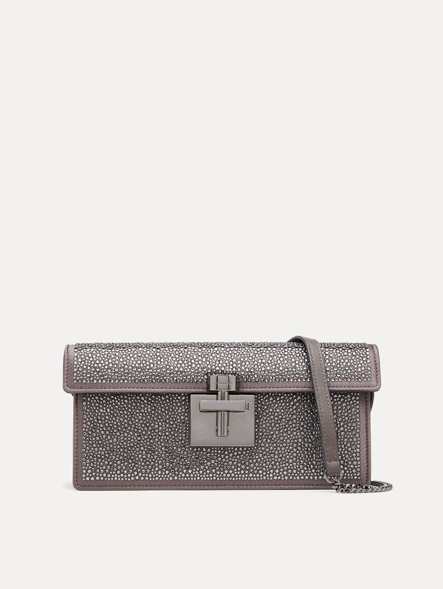 Grey Crystal Pavé Alibi Clutch with Detachable Shoulder Strap Front View