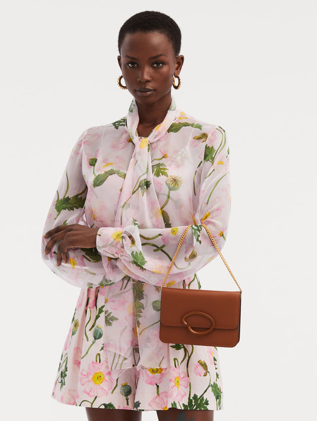 O Pochette Leather Handbag in Brown with Gold Shoulder Strap Front View