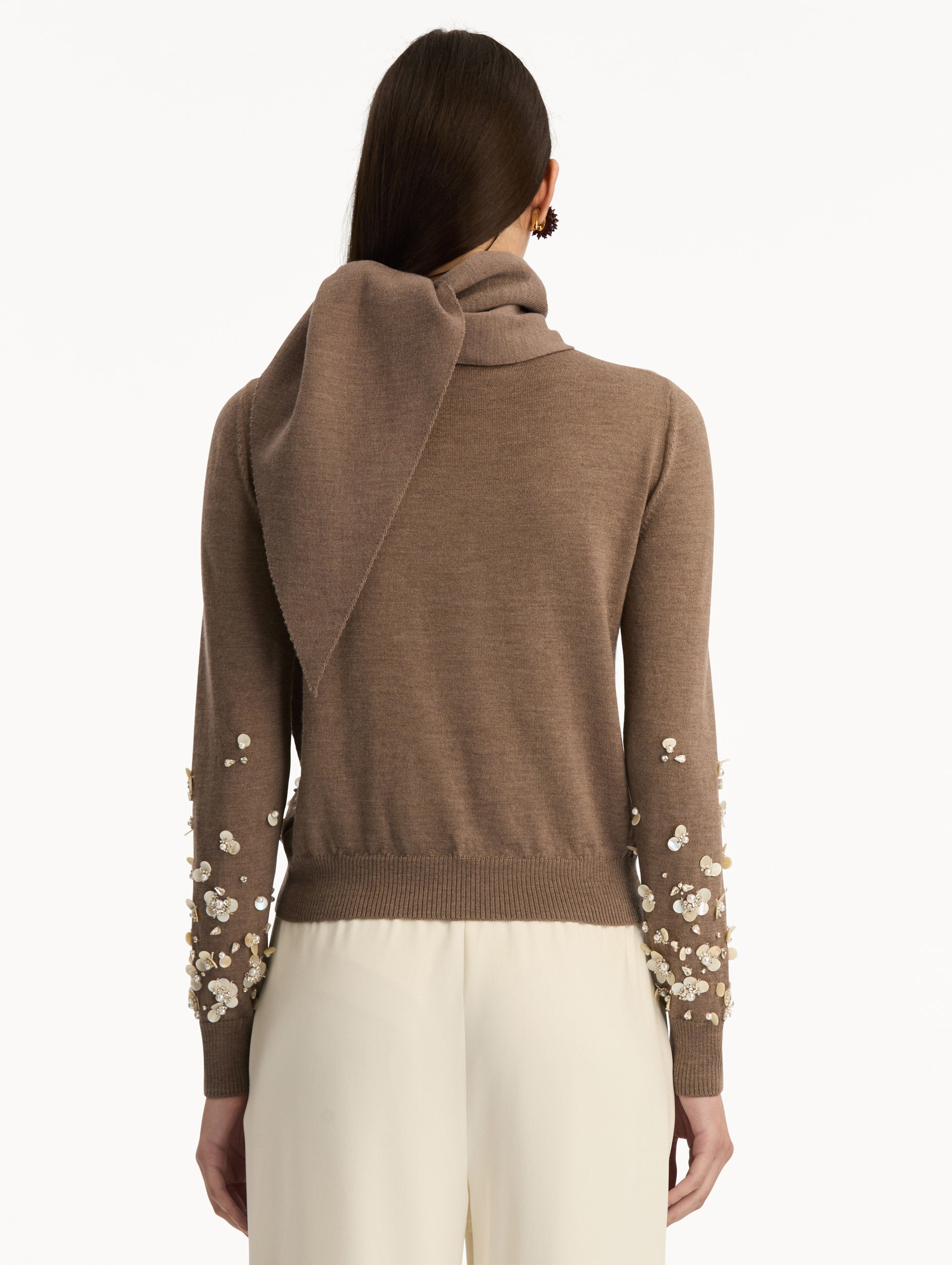 Brown Mother of Pearl Embroidered Pullover with Scarf featuring an attached draped scarf neckline and sequin floral embroidery along the hem and sleeves. Back View.