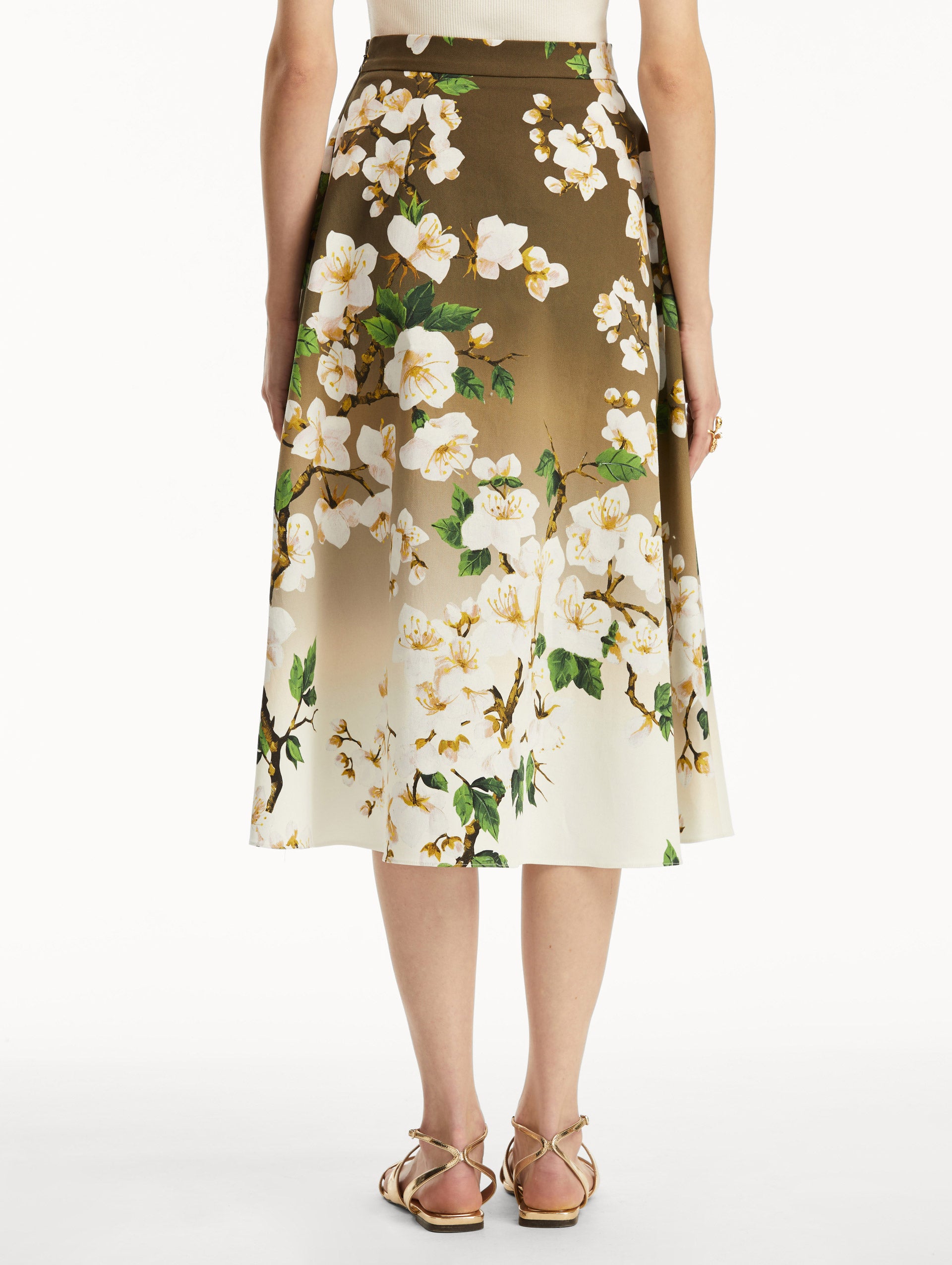 Back view of ombre khaki to white cherry blossom printed skirt.