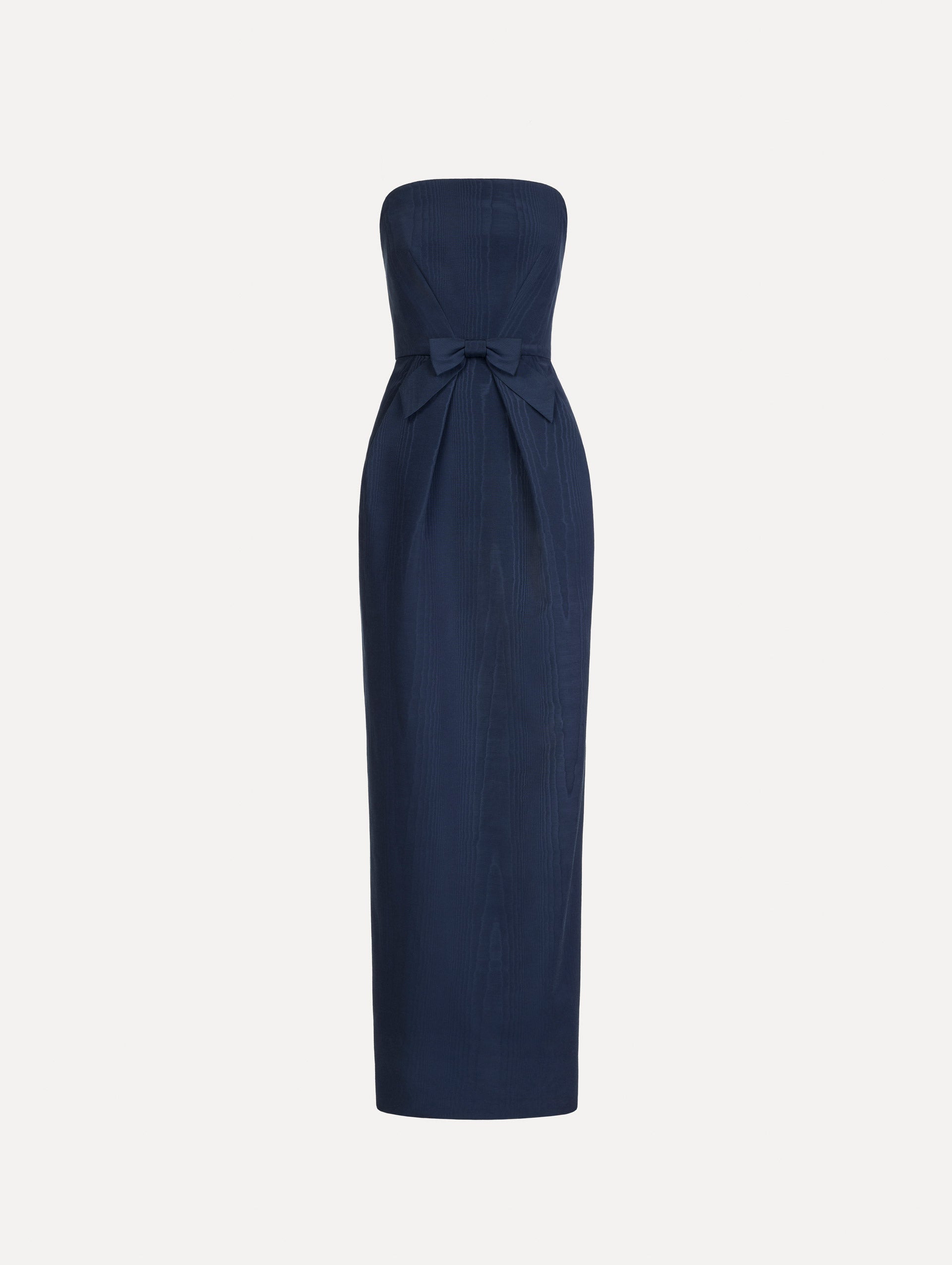Bow-Detailed Column Gown in Navy. Front View.