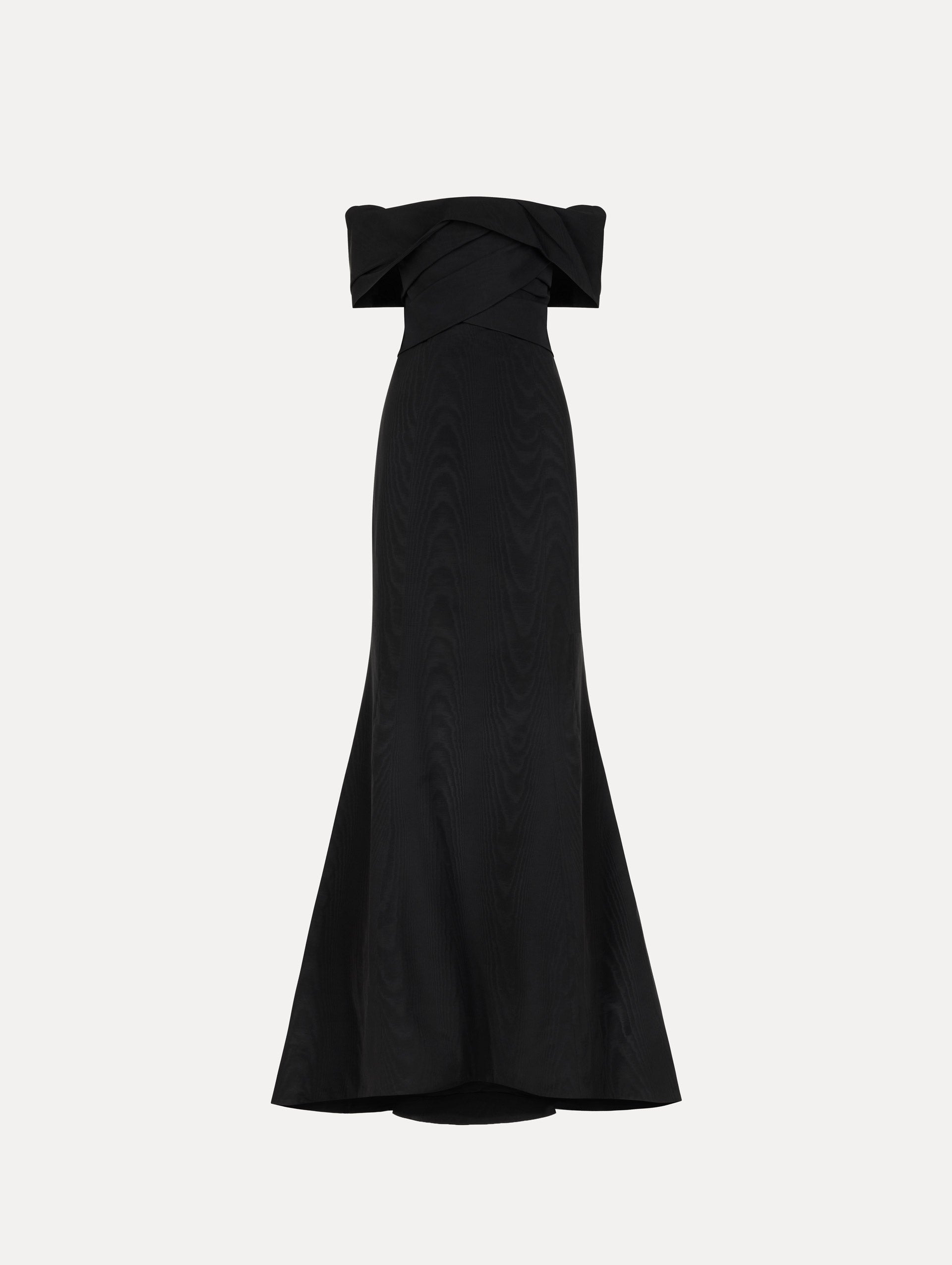 Drape-Detailed Trumpet Gown in Black. Front View.