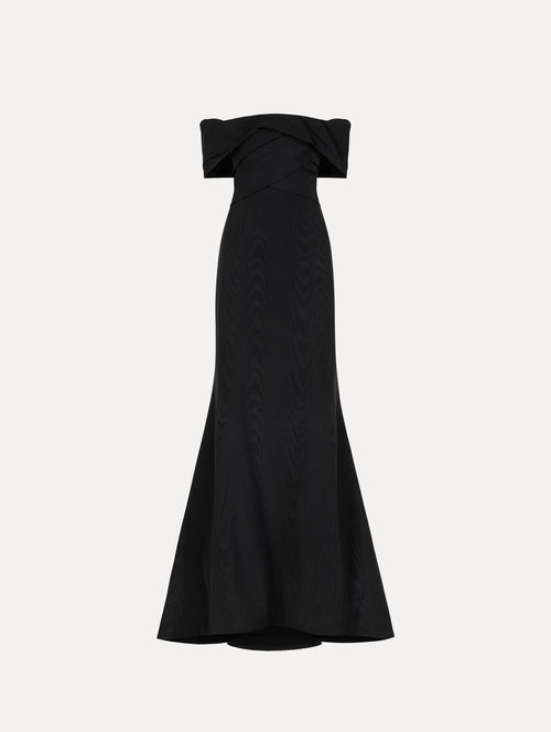 Drape-Detailed Trumpet Gown in Black. Front View.