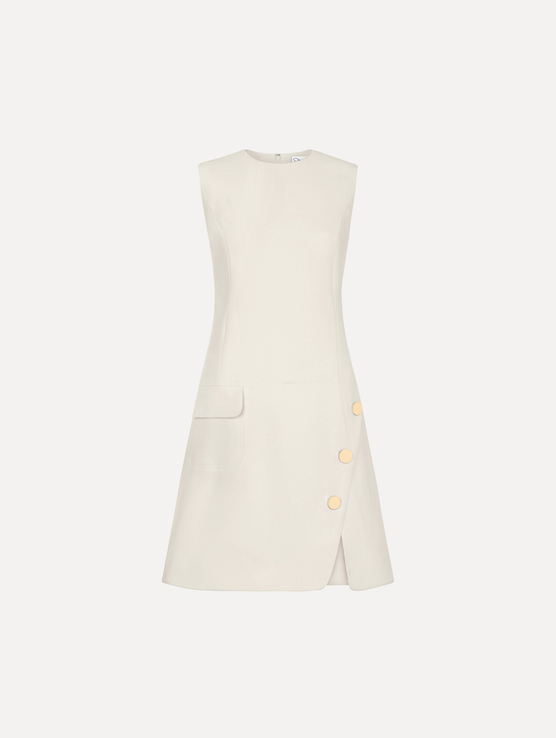 Button-Detailed Wool-Blend Dress in Ivory. Front View.