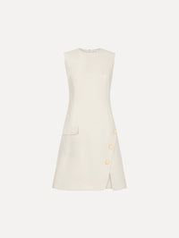 Button-Detailed Wool-Blend Dress in Ivory. Front View.