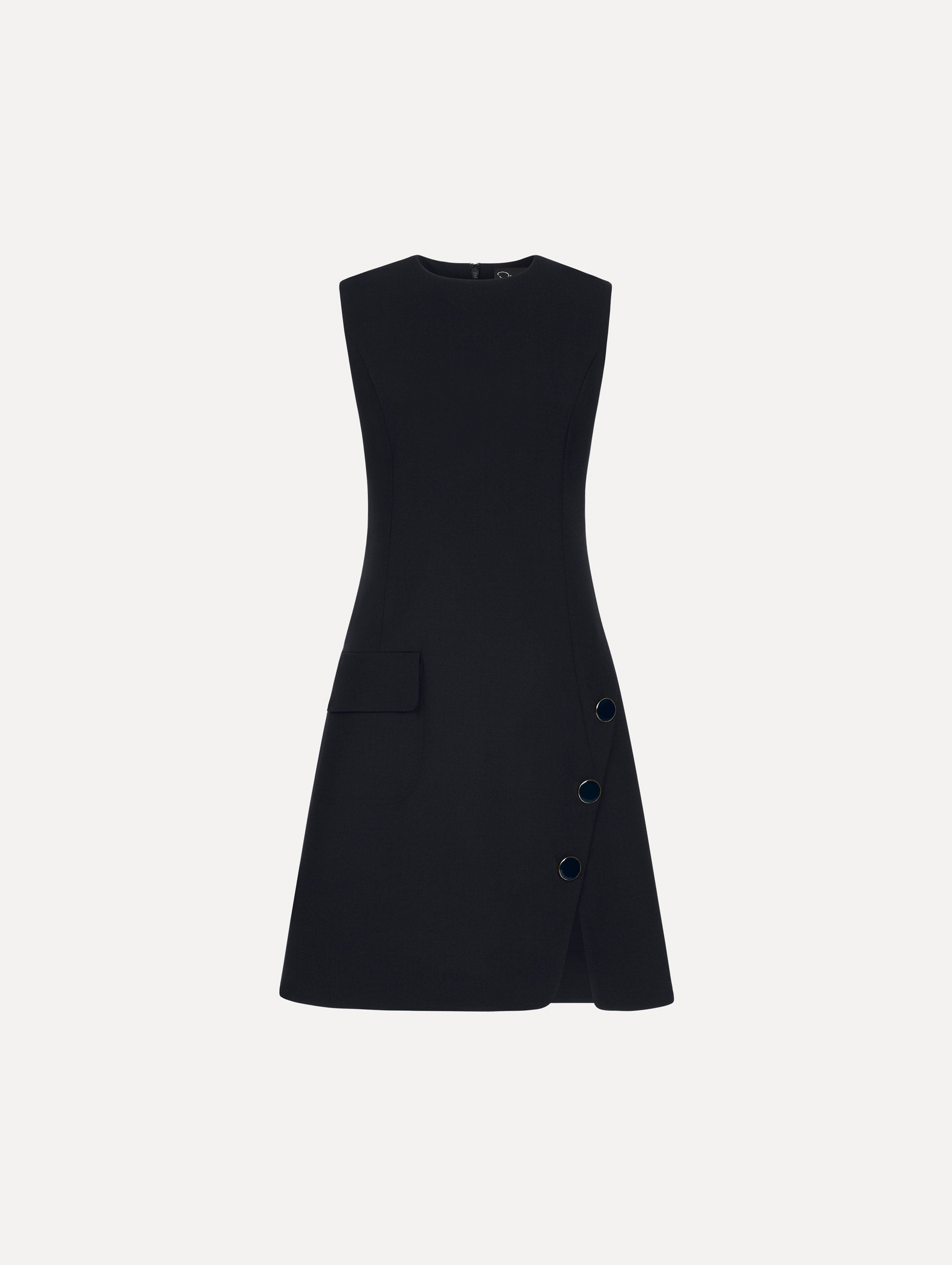 Button-Detailed Wool-Blend Dress in Navy. Front View.