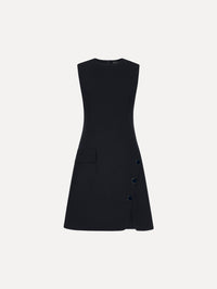 Button-Detailed Wool-Blend Dress in Navy. Front View.