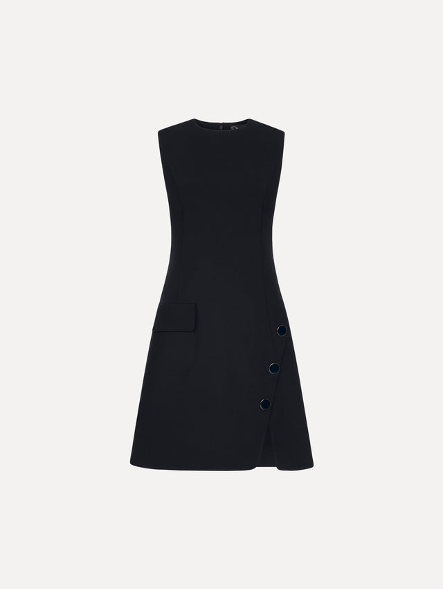 Button-Detailed Wool-Blend Dress in Navy. Front View.
