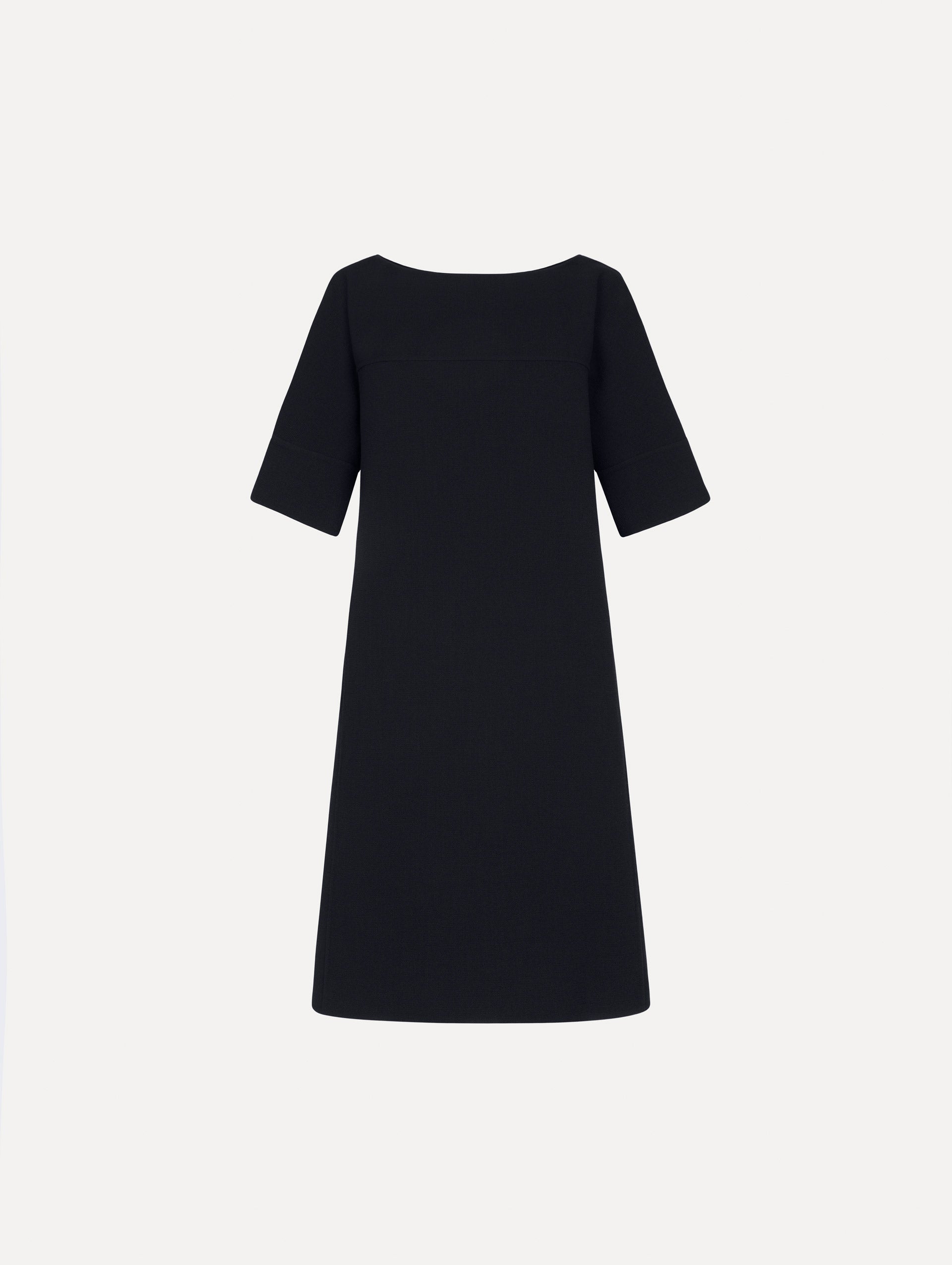 Tie-Detailed Wool-Blend Shift Dress in Navy. Front view.