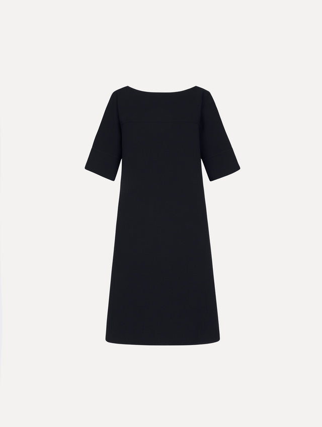 Tie-Detailed Wool-Blend Shift Dress in Navy. Front view.