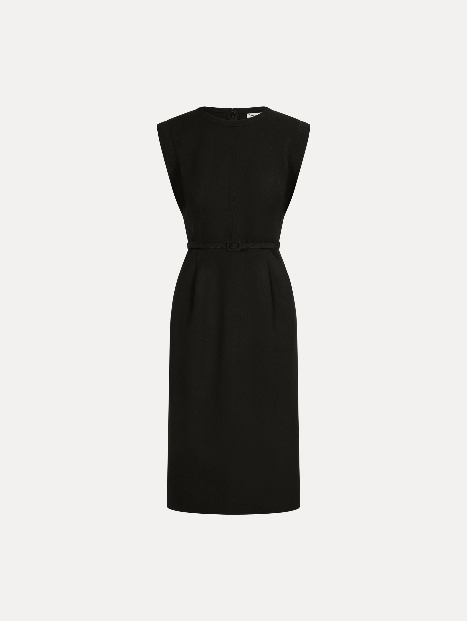 Stitch-Detailed Wool-Blend Pencil Dress in Black. Front View.