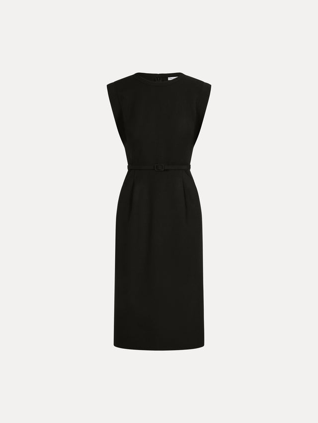 Stitch-Detailed Wool-Blend Pencil Dress in Black. Front View.