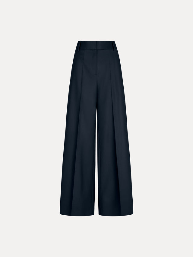 Wide-Leg Wool-Blend Pant in Navy. Front View. 