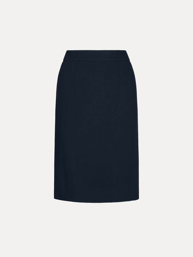 Wool-Blend Pencil Skirt in Navy. Front View.