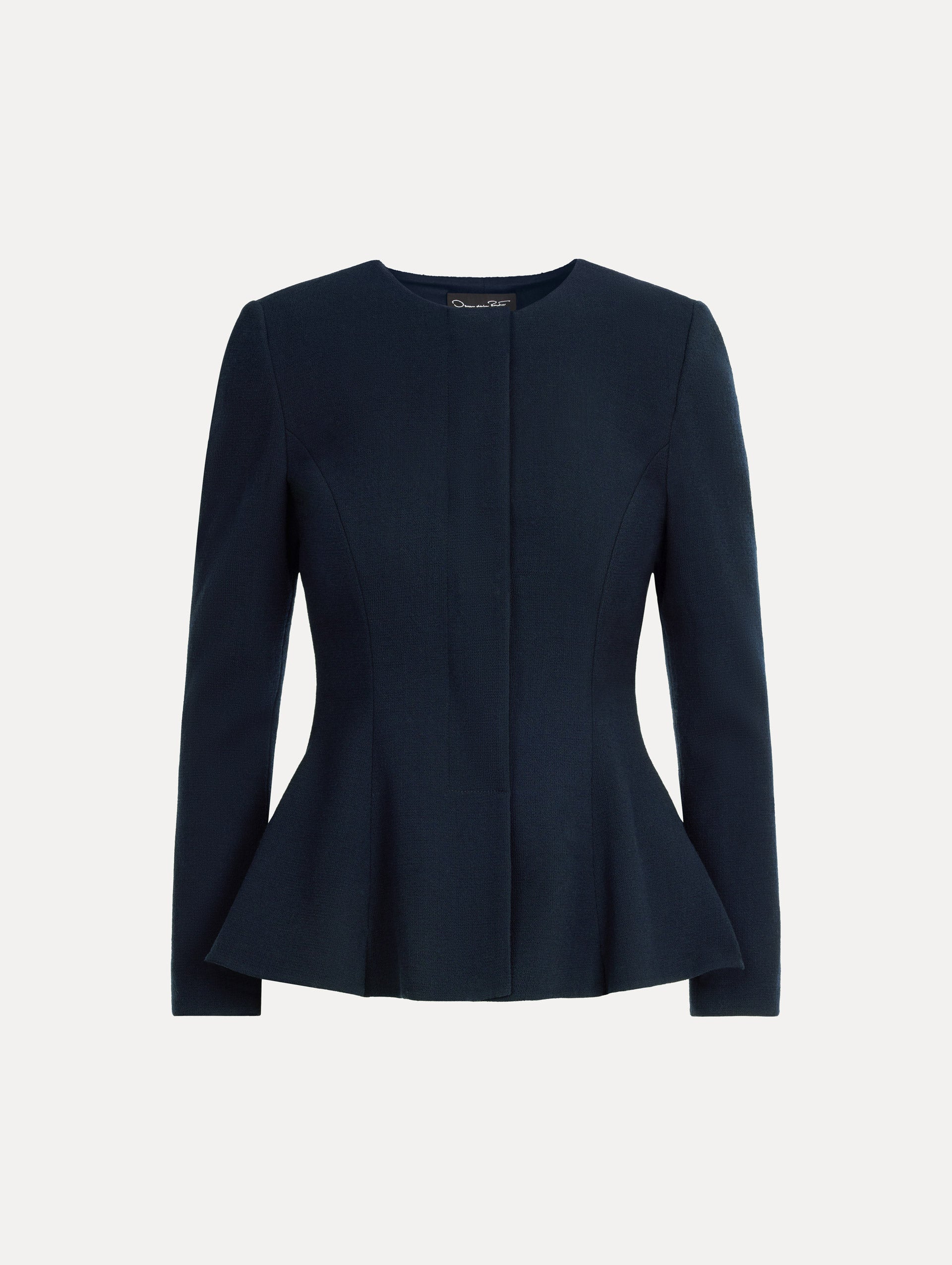 Peplum Wool-Blend Jacket in Navy. Front View.