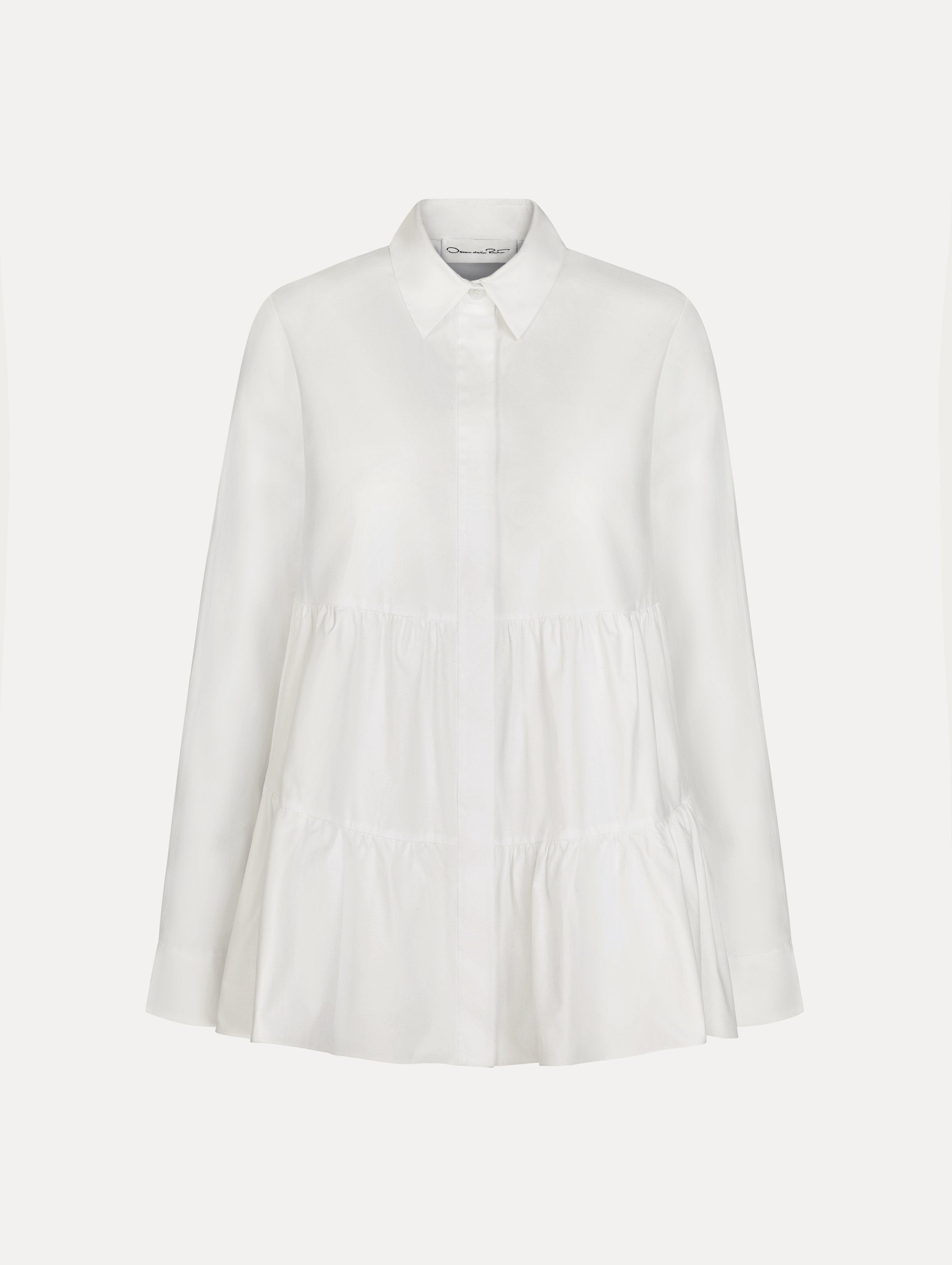 Tiered Cotton Poplin Blouse in White. Front View.