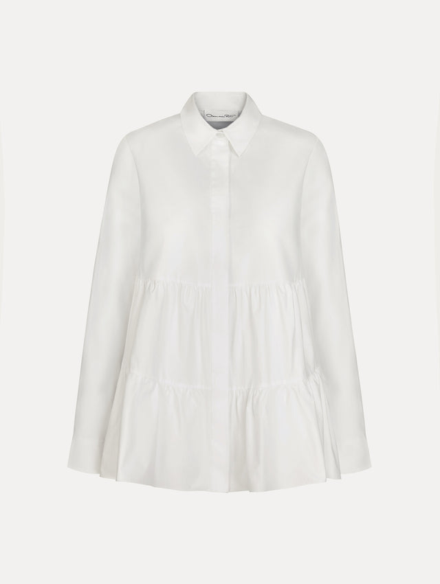 Tiered Cotton Poplin Blouse in White. Front View.