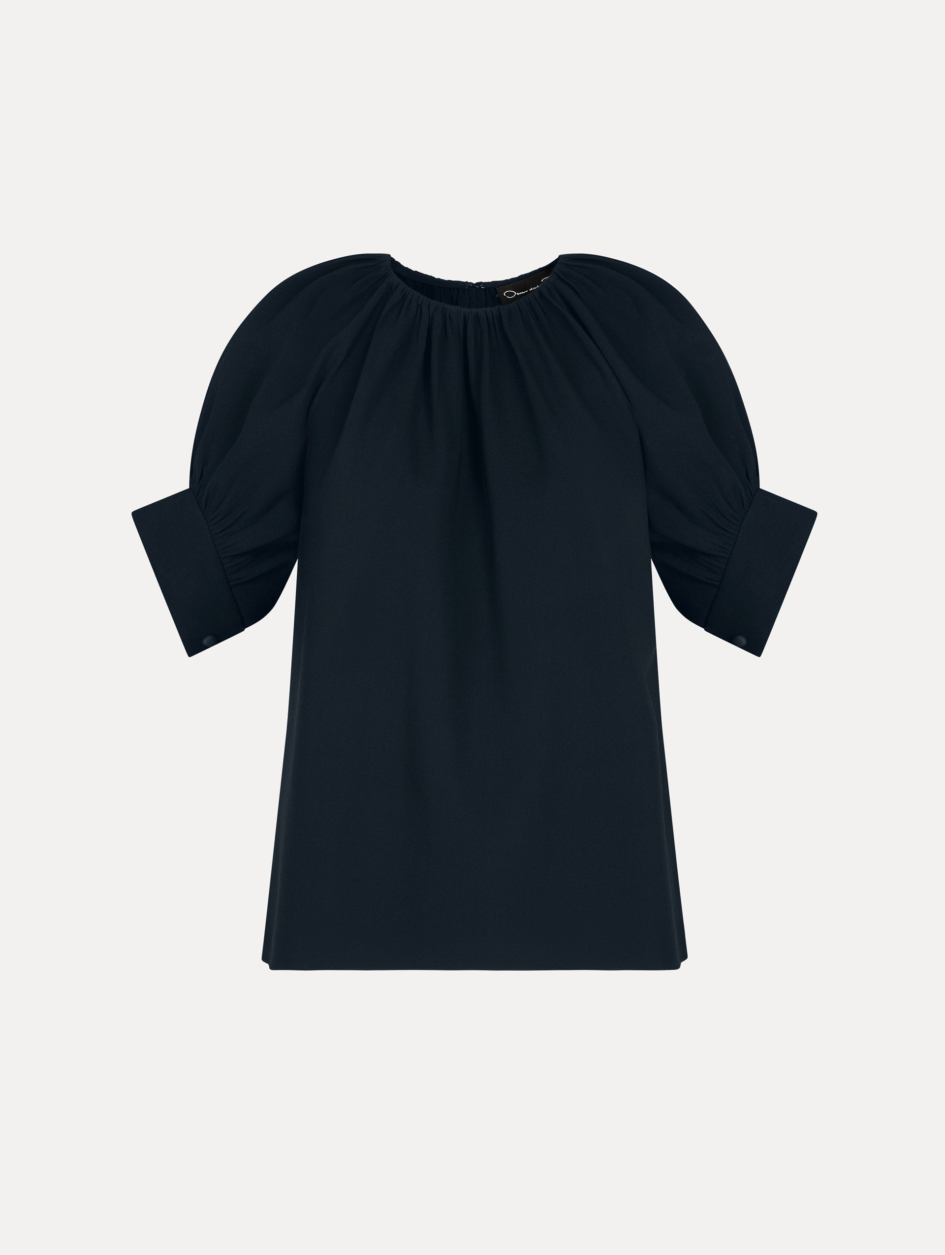 Gathered Silk Georgette Blouse in Navy. Front View.