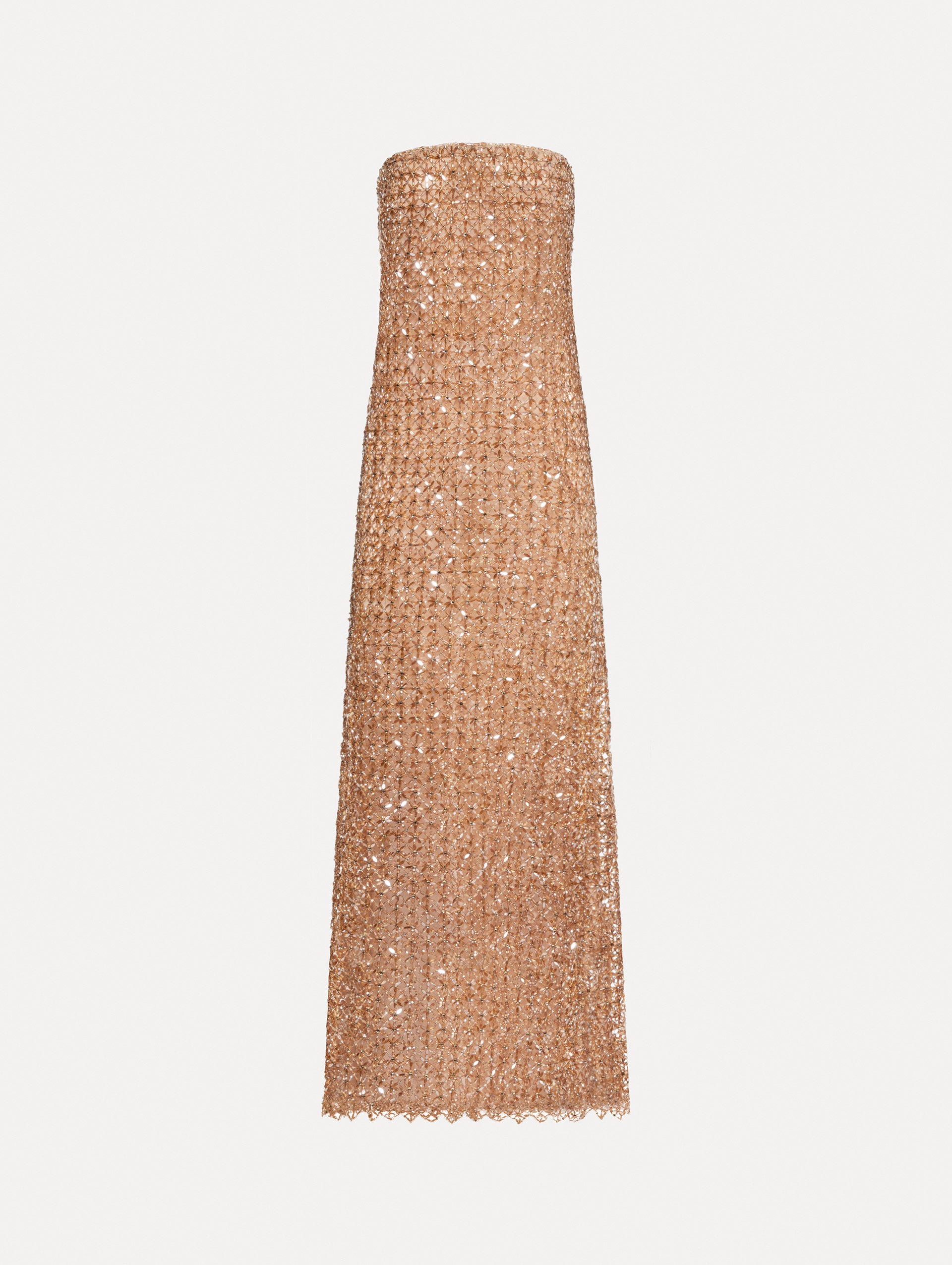 Amber-hued strapless gown with a column silhouette glass floral embroidery in a grid pattern. 