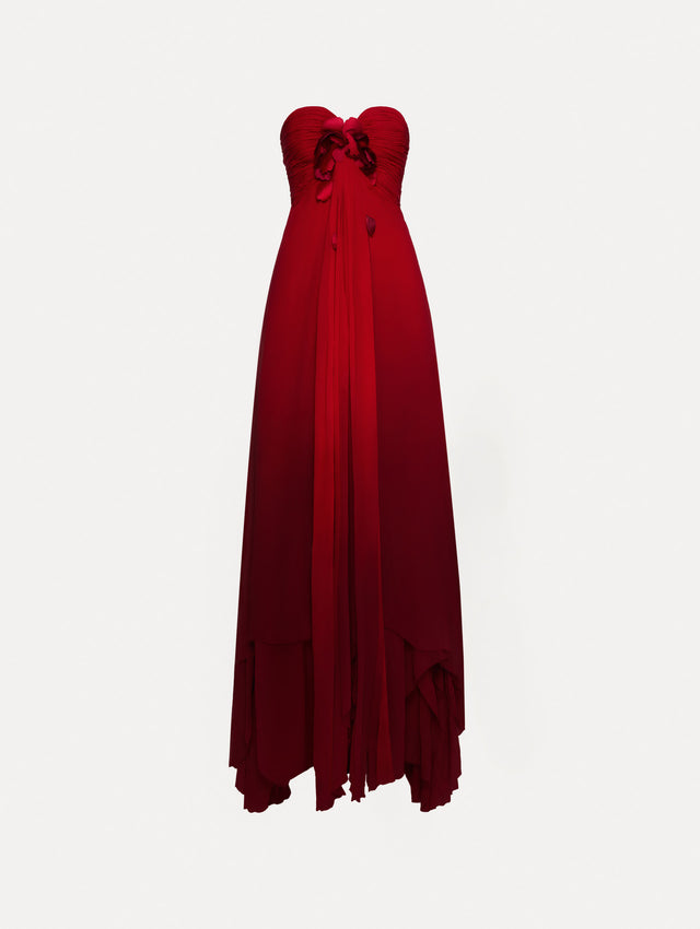 Red Ombré Silk Chiffon Strapless Gown with Peony on the Center Top