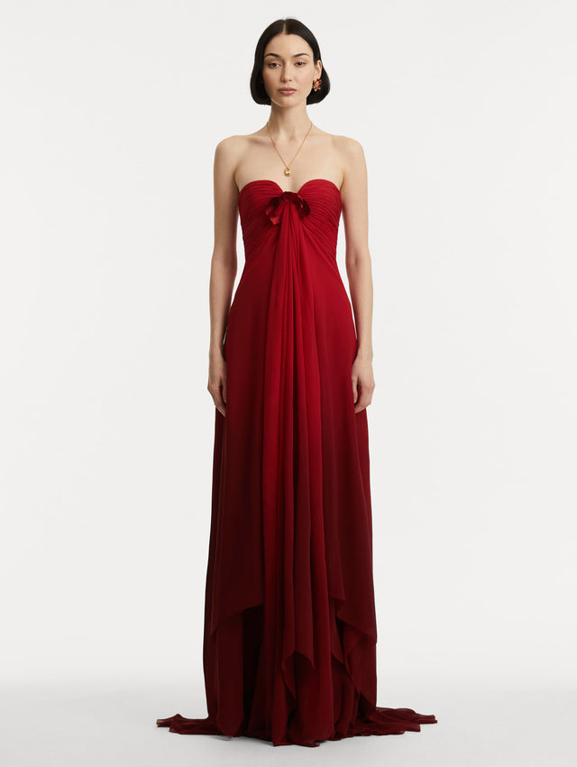 Red Ombré Silk Chiffon Strapless Gown with Peony on the Center Top Front View