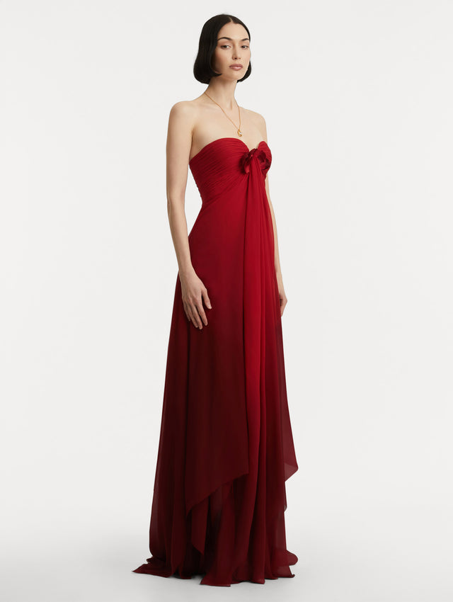 Red Ombré Silk Chiffon Strapless Gown with Peony on the Center Top Side View