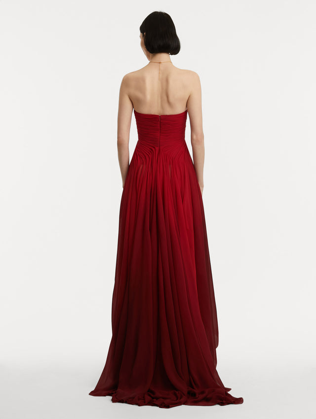 Red Ombré Peony Silk Chiffon Strapless Gown Back View
