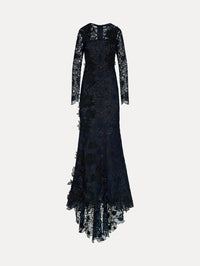 Navy Corded Botanical Guipure Gown with long sleeves and a sheer lace overlay. Front View.