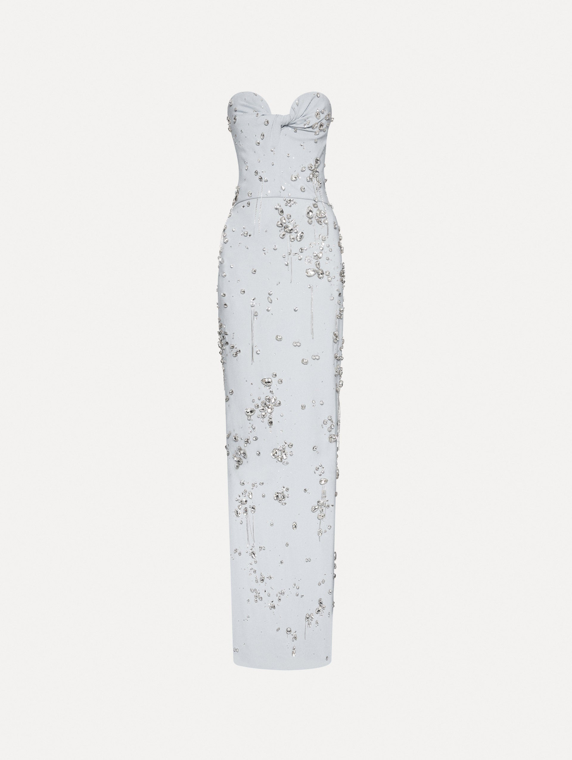 Strapless soft blue gown with a column silhouette and multi-dimensional stones scattered across the dress. Finished with a twist-detail on the sweetheart neckline.