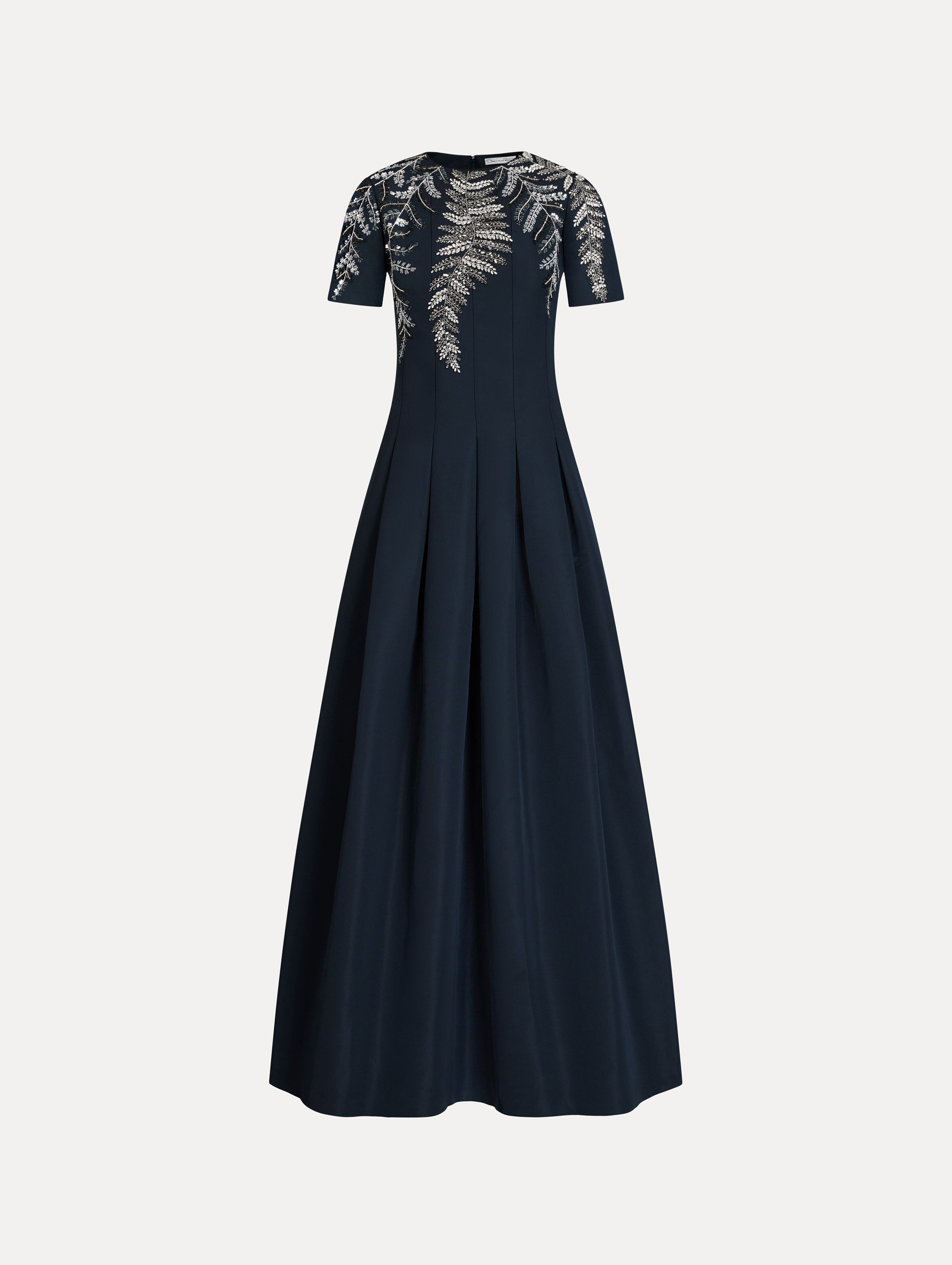 Fern Embroidered Faille Gown in Navy. Front View.