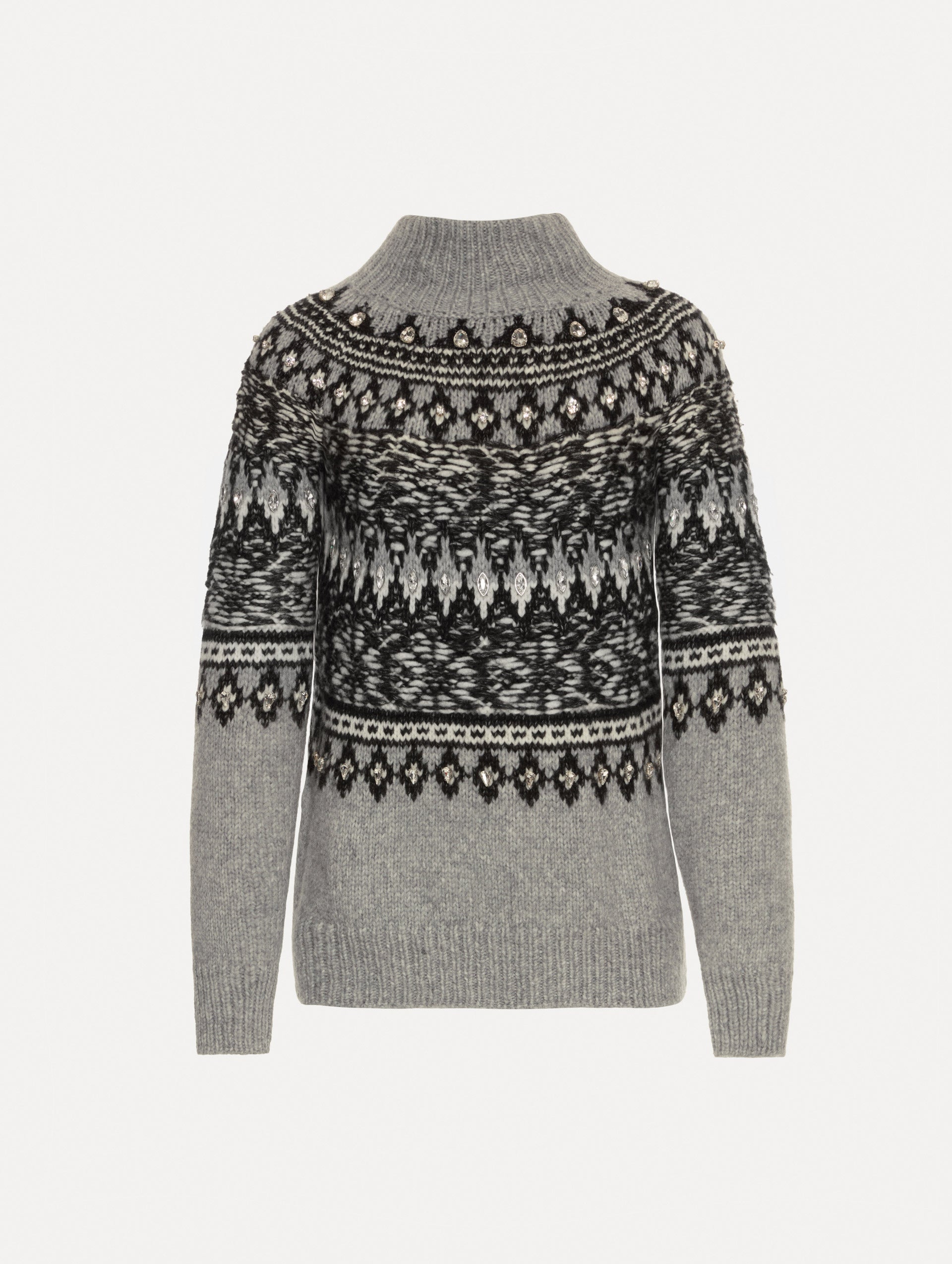 Long sleeve grey turtle neck pullover with crystal embroidery and black patterns. 