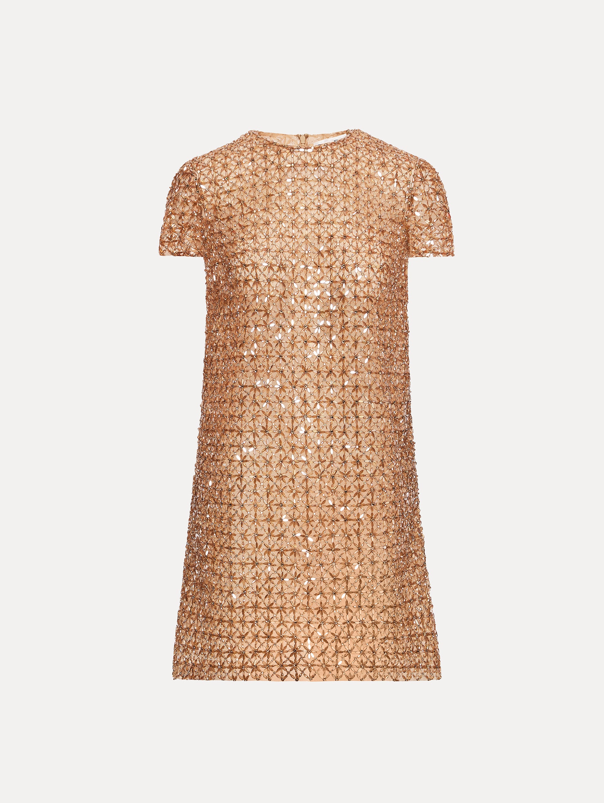 Front view of short sleeve dress with amber glass blooms in a grid pattern. 