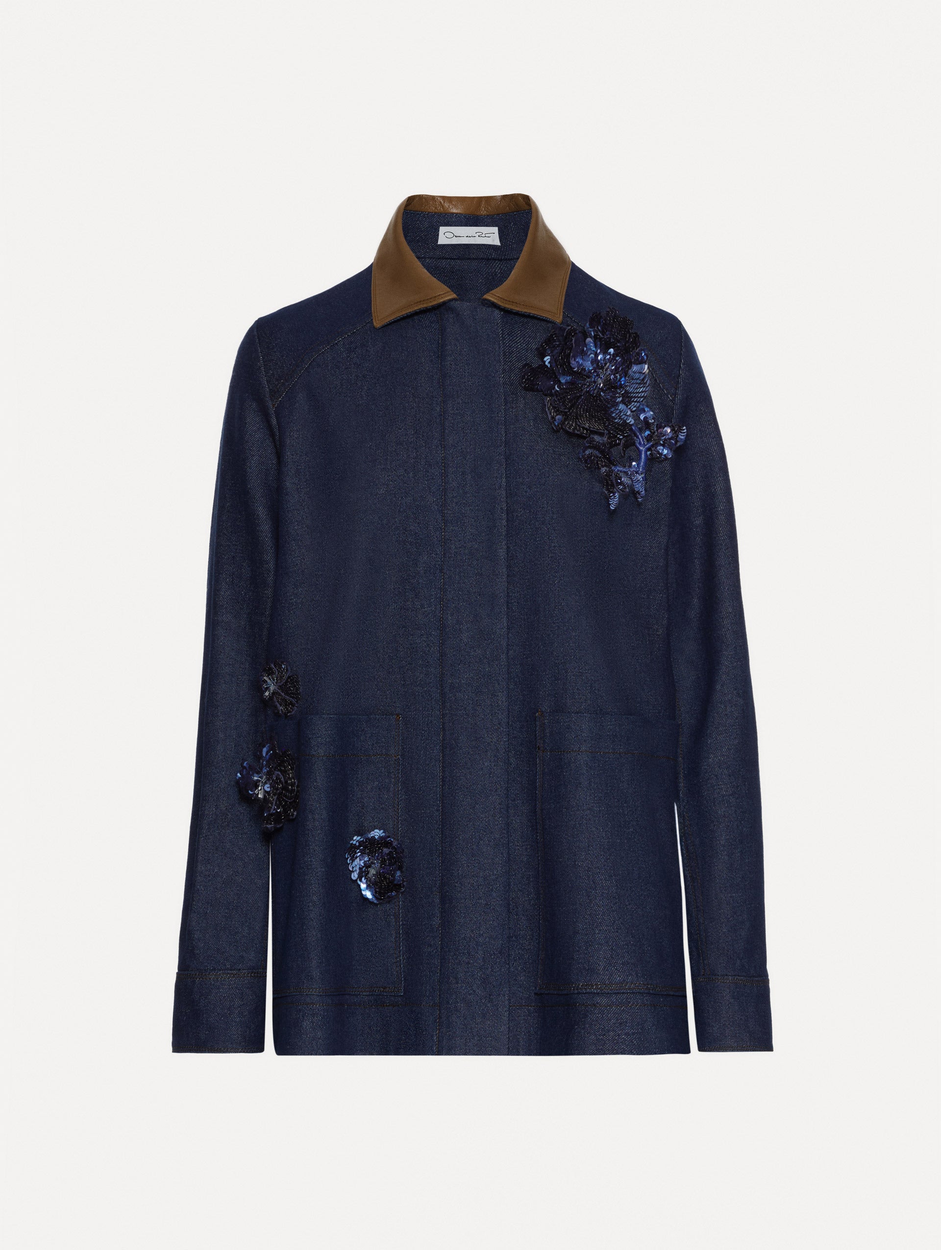 Dark denim jacket which features navy peony embroidery and a contrasting brown leather spread collar and front patch pockets. 