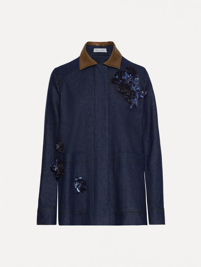 Dark denim jacket which features navy peony embroidery and a contrasting brown leather spread collar and front patch pockets. 