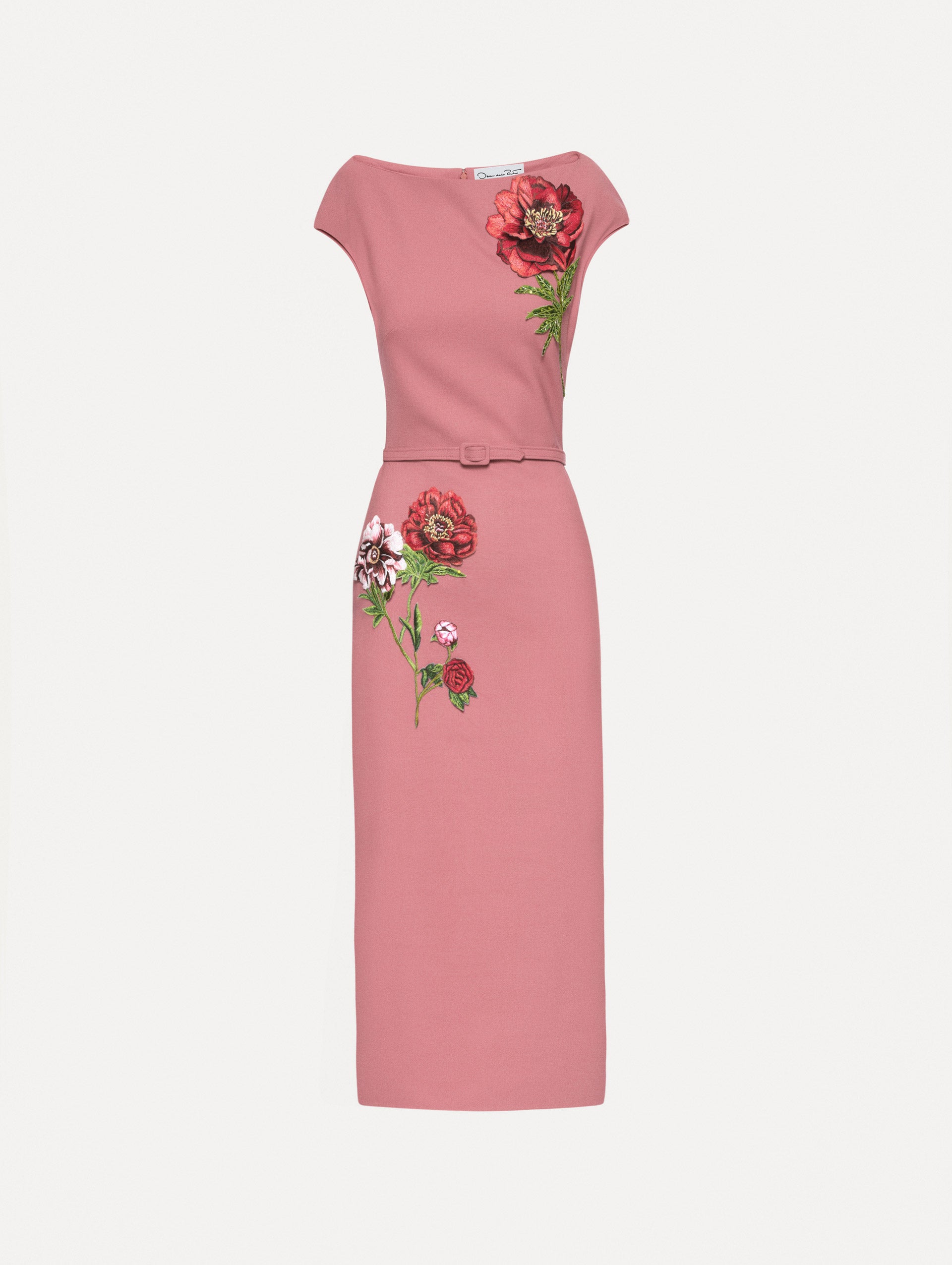 Pink cap sleeve dress with printed red and pink peonies and a matching self-belt. 