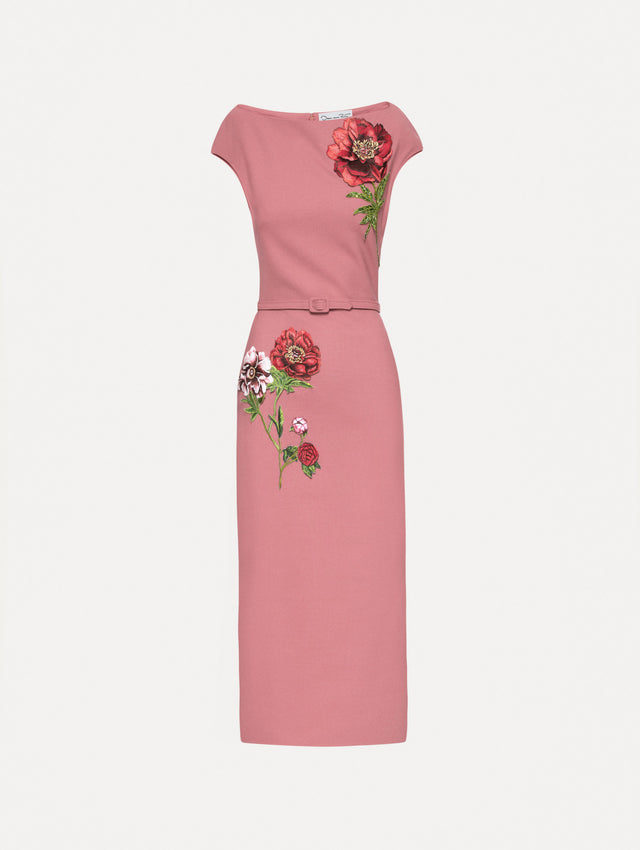 Pink cap sleeve dress with printed red and pink peonies and a matching self-belt. 