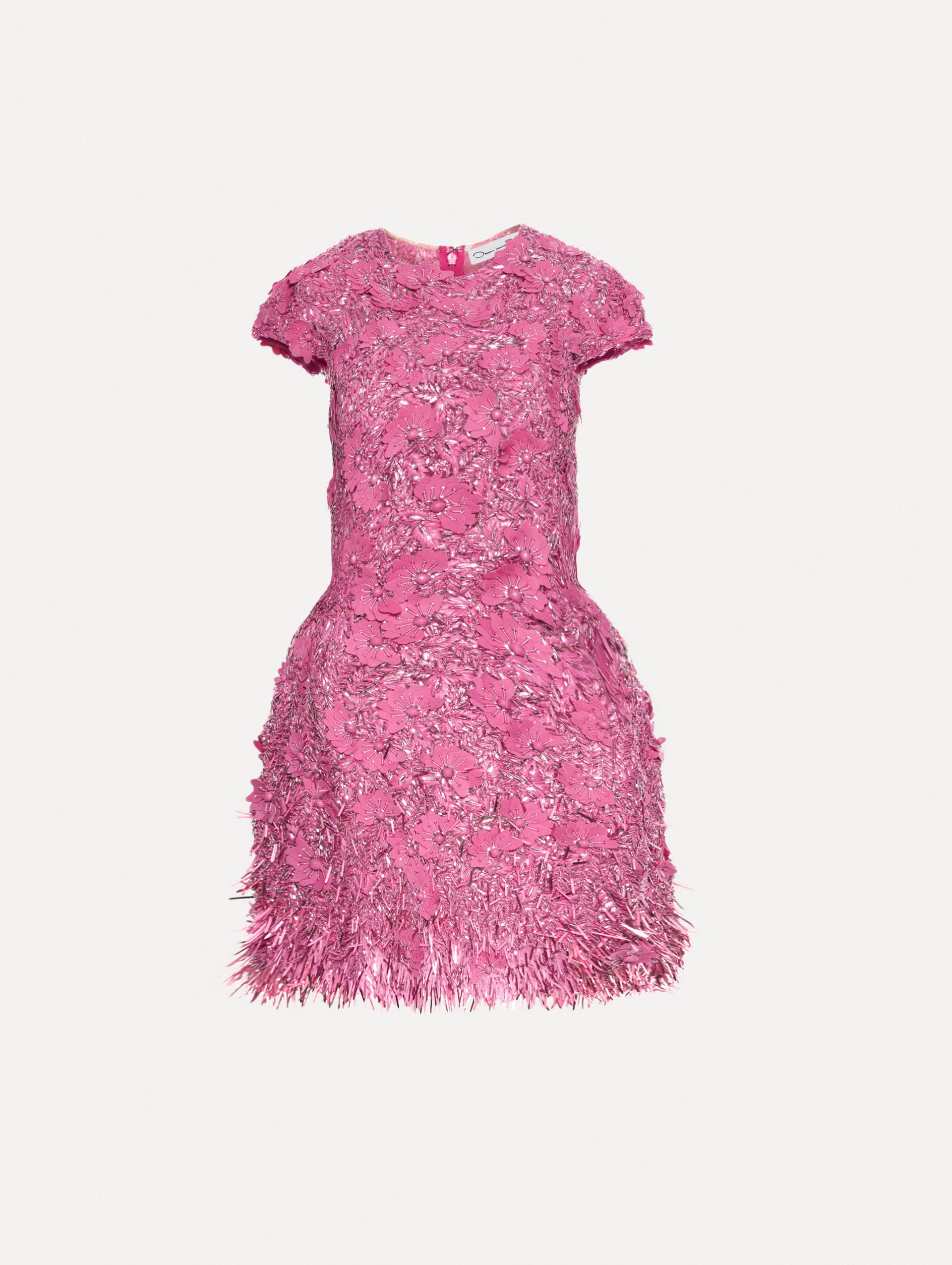 Pink cocktail mini with floral sequin embroidery and jewel neckline. With short sleeves and a cupcake silhouette.