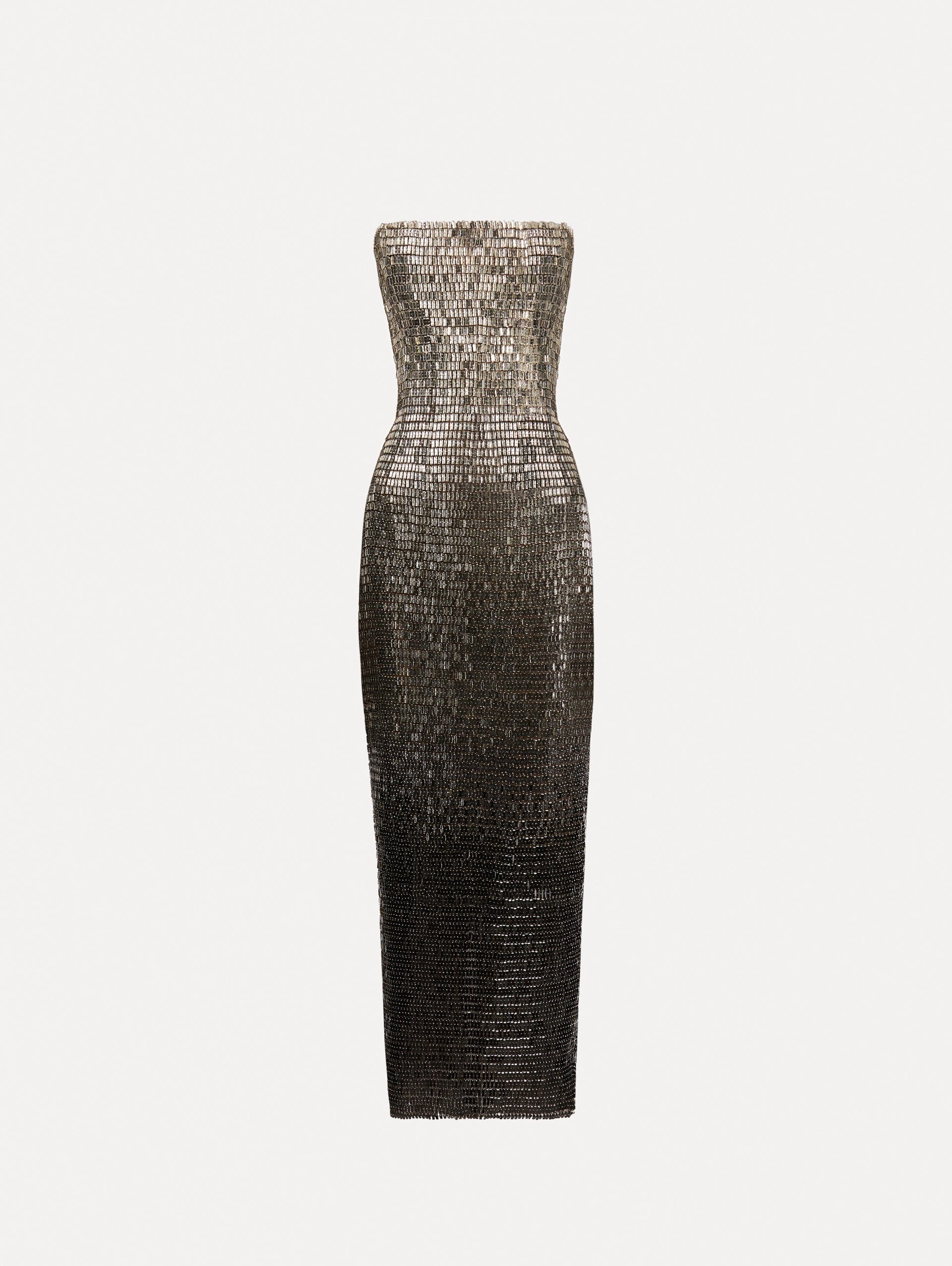 Strapless dress with a gradient of silver ombré embroidery, the sequins transition from silver to deep black