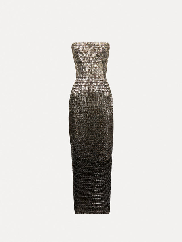 Strapless dress with a gradient of silver ombré embroidery, the sequins transition from silver to deep black