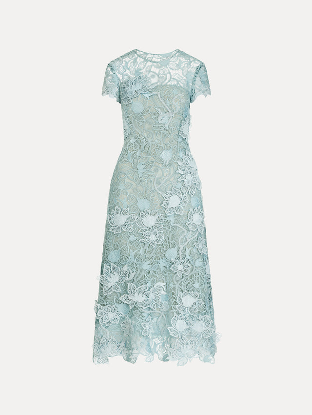 Blue Corded Botanical Guipure Dress with short sleeves and a sheer botanical overlay. Front View.