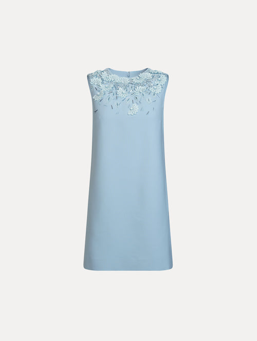 Peony Sequin and Raffia Embroidered Shift Dress in Blue. Front View.