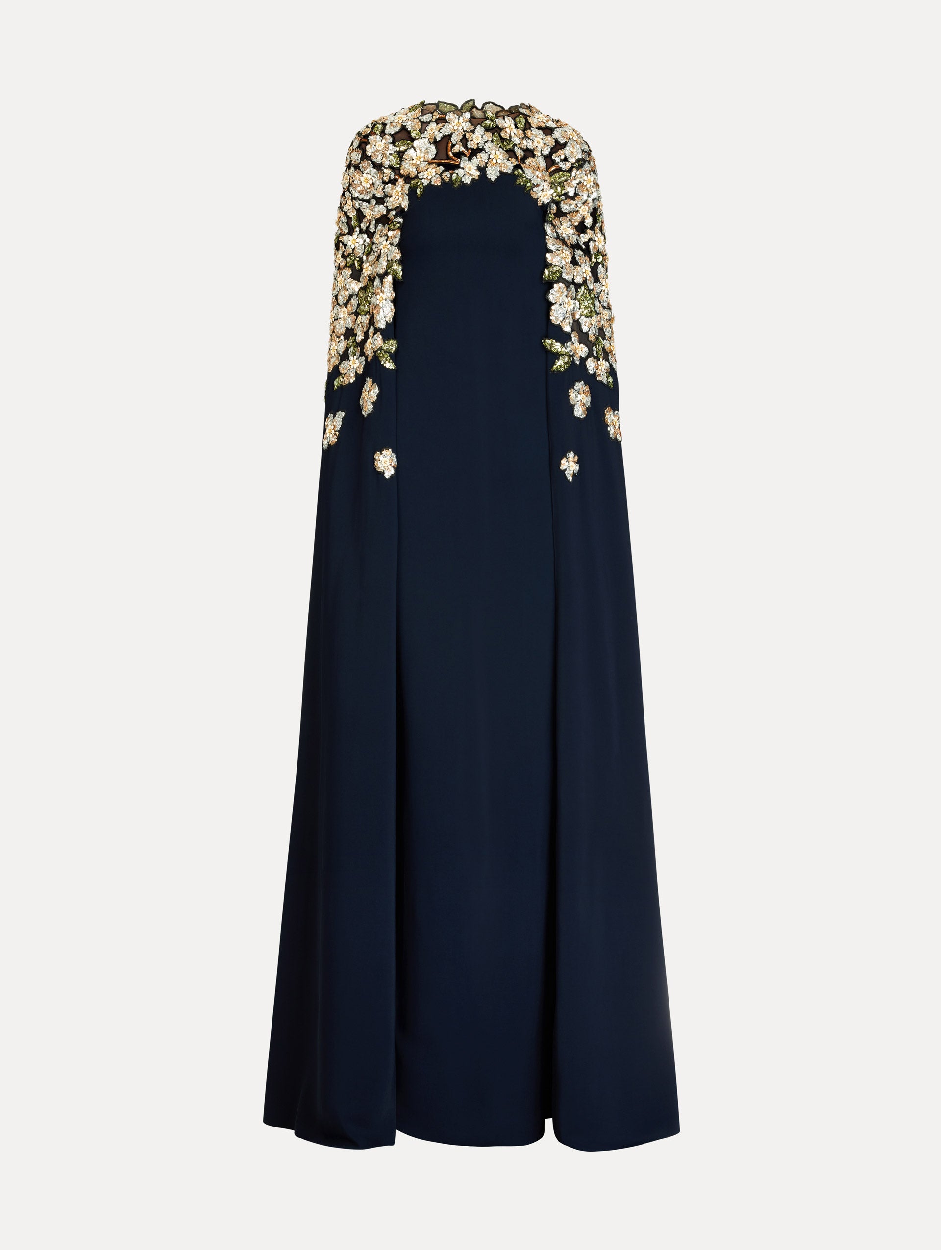 Navy Floral Sequin Embroidered Caftan with floor length caped sleeves and floral sequin embroidery. Front View.