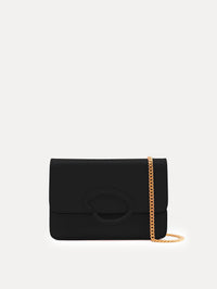 Black O Pochette with gold hardware and abstract O motif clasp. Front View.