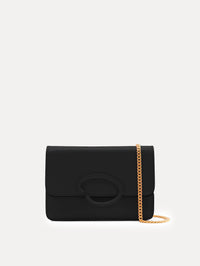 Black O Pochette with gold hardware and abstract O motif clasp. Front View.