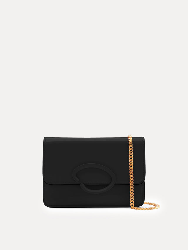 Black O Pochette with gold hardware and abstract O motif clasp. Front View.