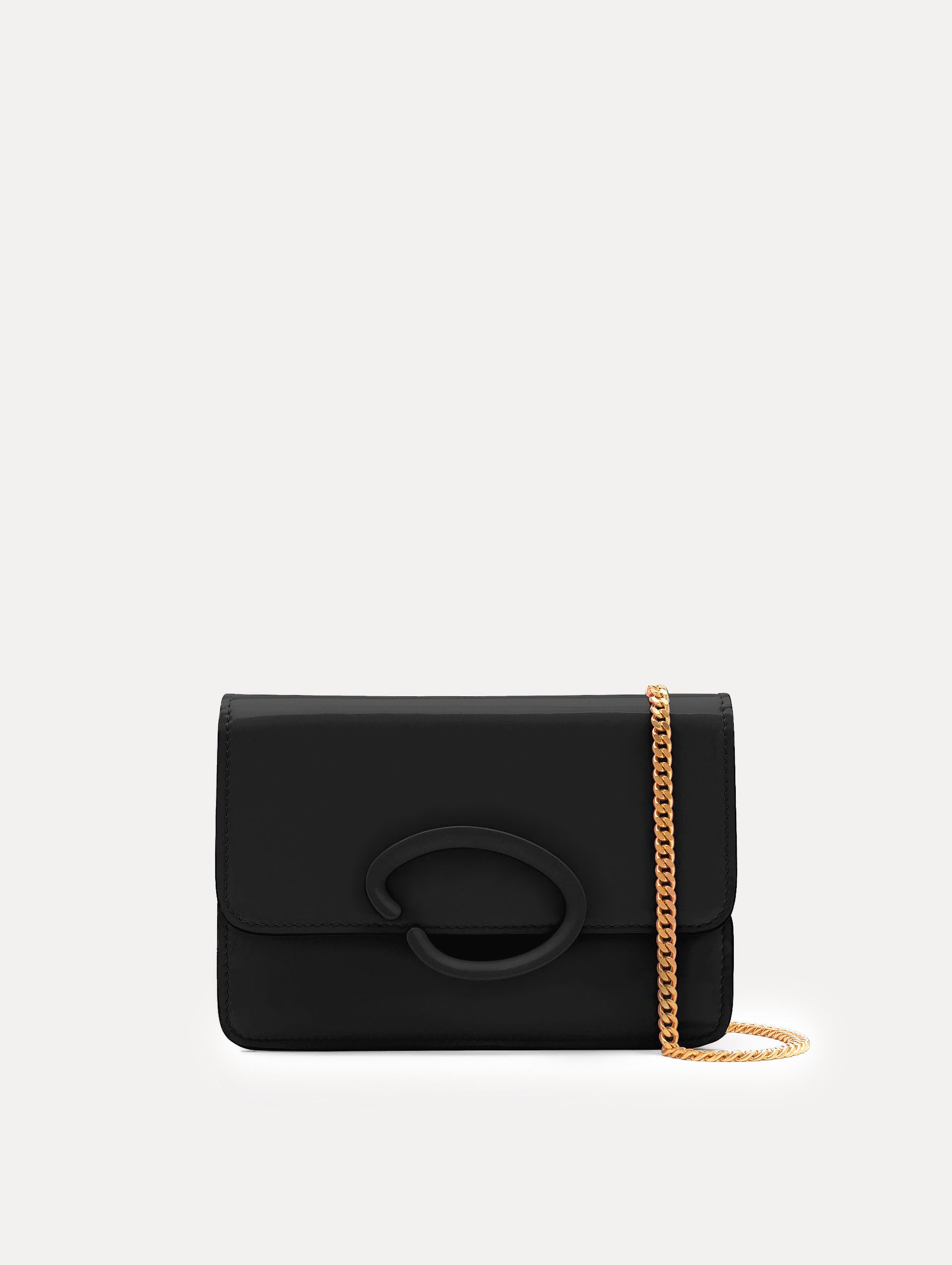 Black O Pochette with gold hardware and abstract O motif clasp. Front View.