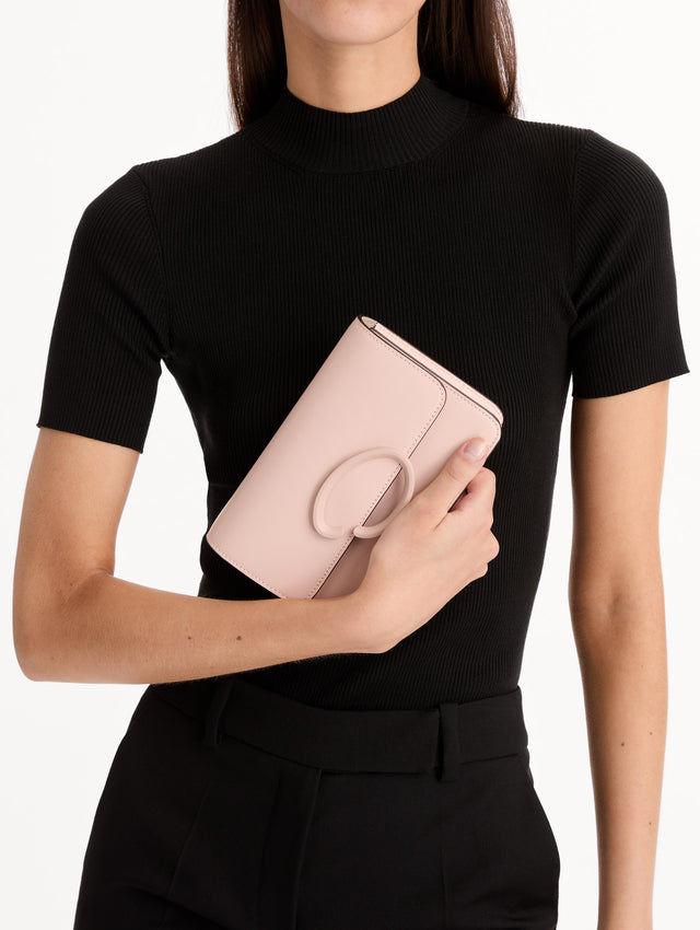 O Pochette Crossbody Bag in Blush with gold chain. Front View.